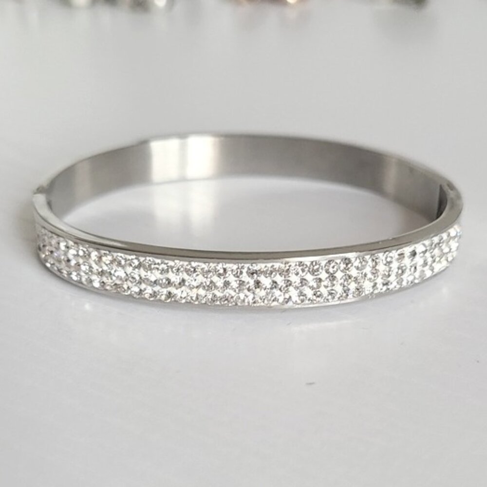 Beautiful Stainless Steel Dressy Bangle Bracelet 3 Row Rhinestone Detail Sparkly